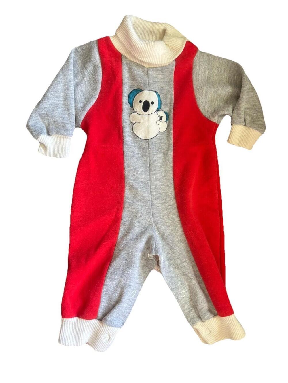 Vtg 70/80s Health-Tex Koala Bear Romper Sleeper Long Sleeve One Piece Red Gray